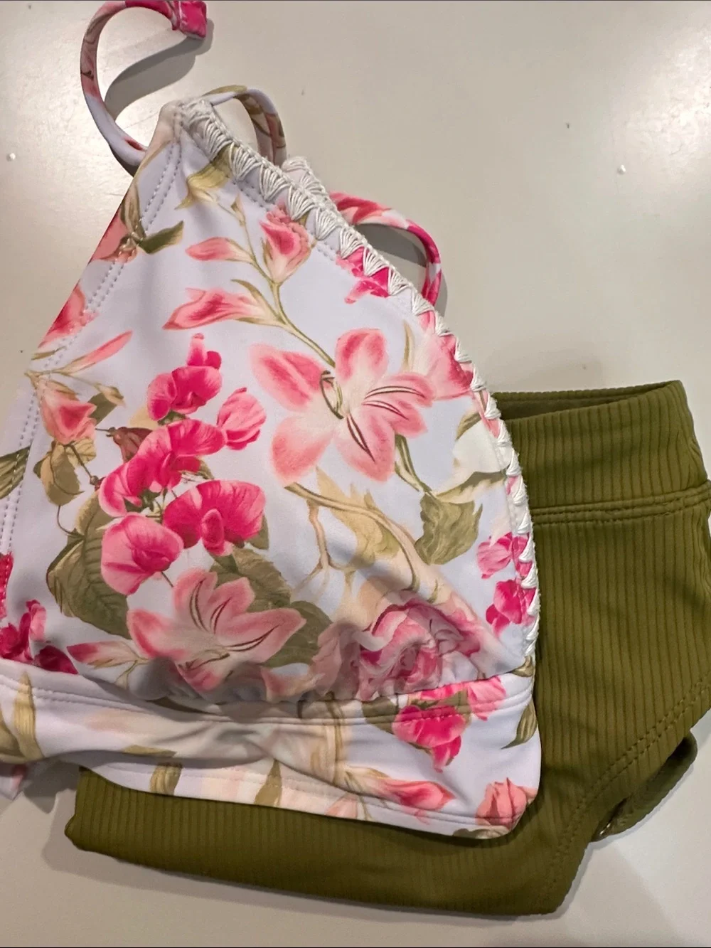 Set of White and Floral Triangle Bikini top and Green High Rise Bottoms
